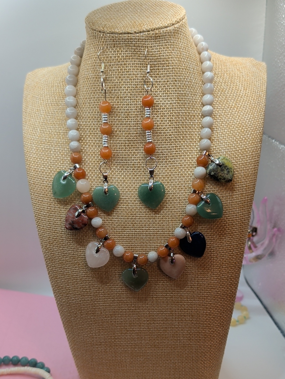 Multi-Heart Beaded Necklace & Earring Set - Green and Peach